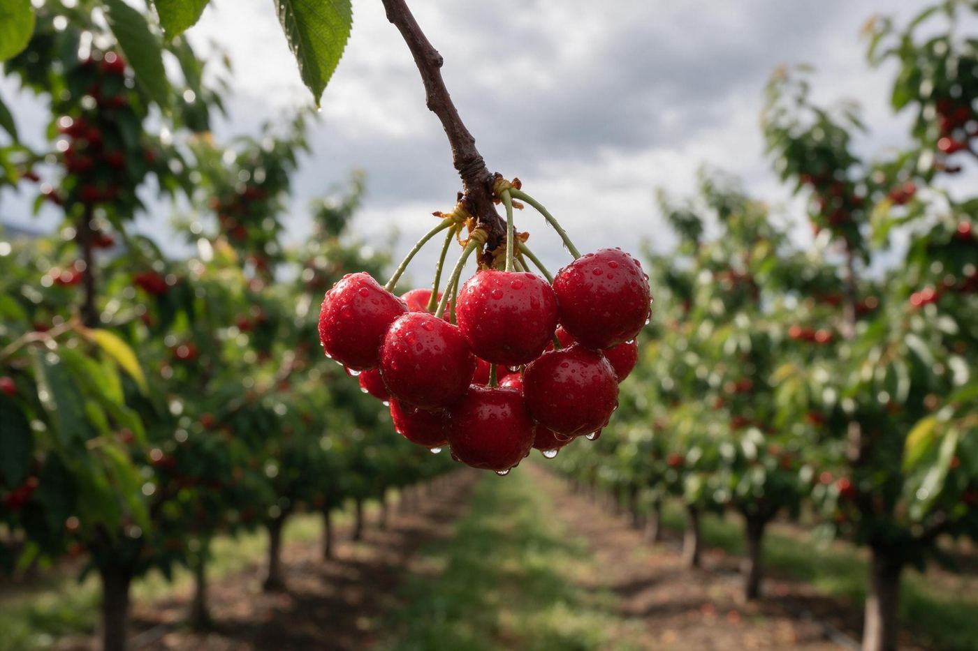 Cerezas con gotas de lluvia en un huerto del valle central