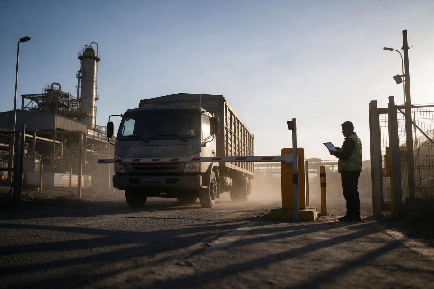 Un camión sale de la portería de una planta industrial